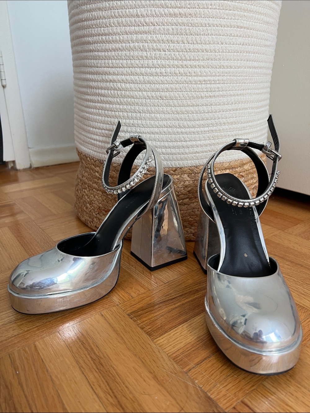 Women's Silver Platform Block Heel Pumps with Crystal Ankle Strap